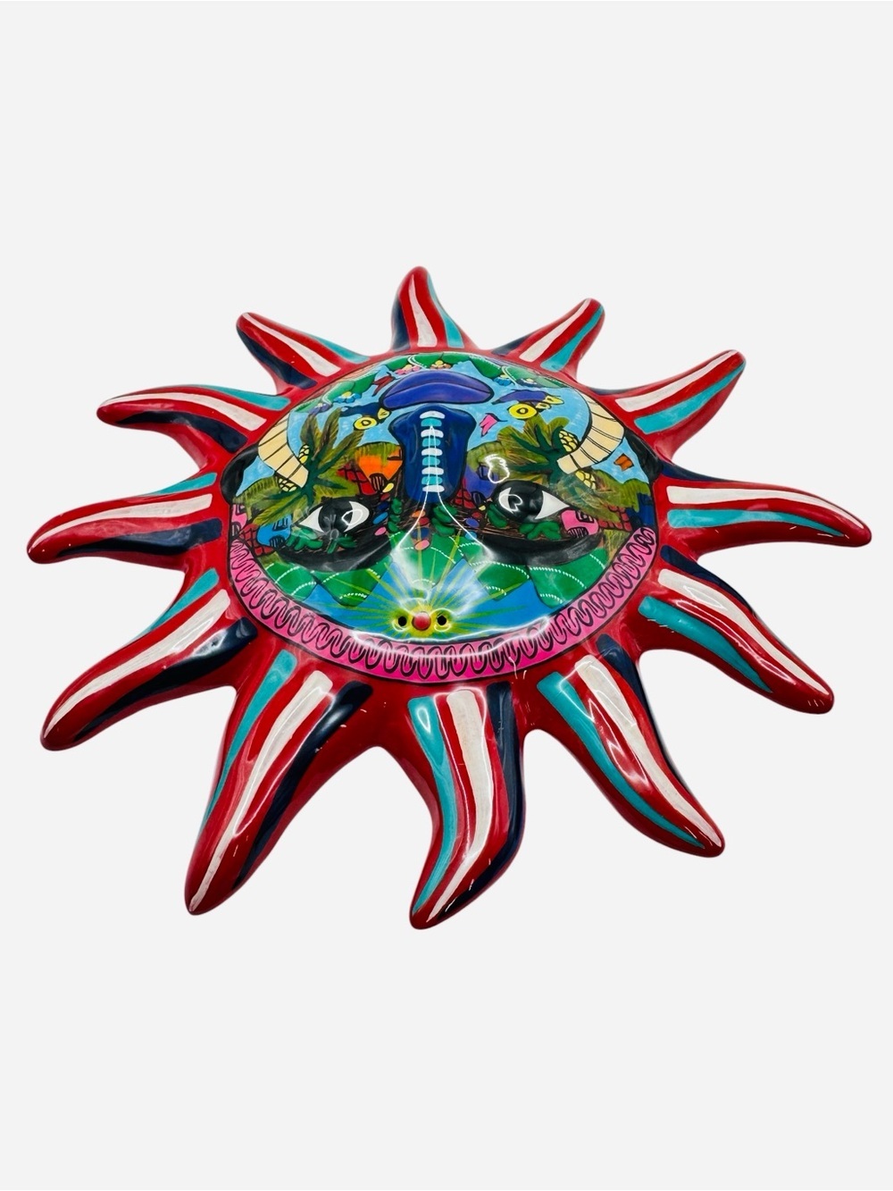 Isidoro Mexican Terracotta Sun Wall Art Hand Painted Ceramic Sun Face Plaque 10” - Picture 7 of 9